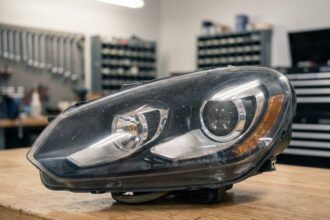 Phare avant d'une Volkswagen Golf 6 posé sur un établi d'atelier automobile, vue de détail des réflecteurs et du boîtier