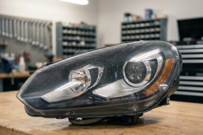 Phare avant d'une Volkswagen Golf 6 posé sur un établi d'atelier automobile, vue de détail des réflecteurs et du boîtier