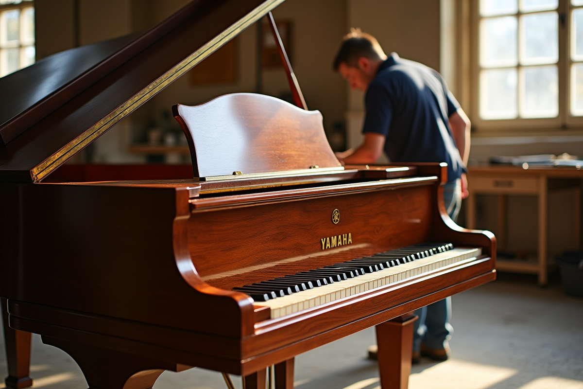 Piano Yamaha brillant dans un atelier européen en lumière naturelle