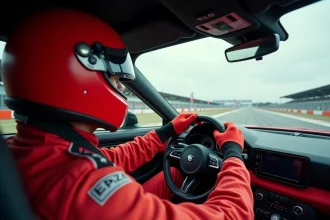 Pilote en tenue de compétition au volant d'une voiture de sport rouge lors d'un stage de pilotage sur circuit