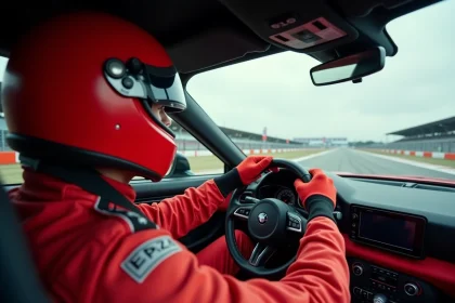 Pilote en tenue de compétition au volant d'une voiture de sport rouge lors d'un stage de pilotage sur circuit