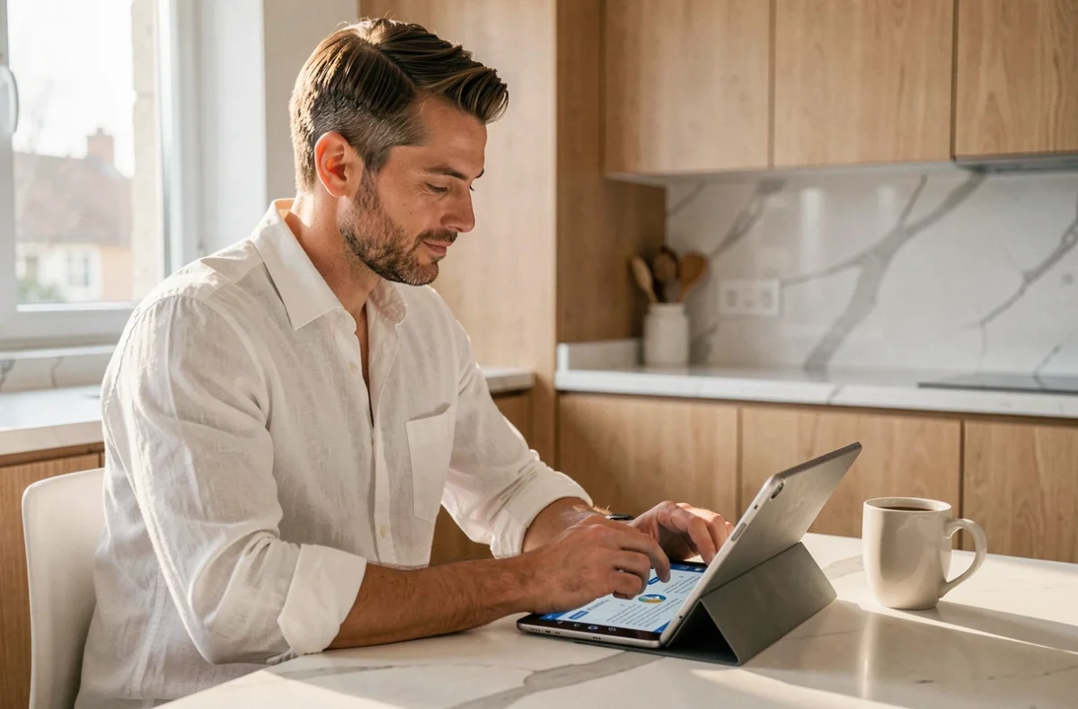 Homme adulte qui s'exerce aux questions du permis de conduire via un PDF sur tablette dans une cuisine moderne