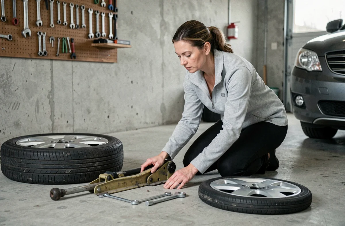 Femme préparant un kit de roue de secours avec cric et clé dans un garage domestique