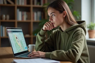 Jeune femme préparant le permis de conduire en ligne sur un ordinateur portable avec des exercices de code de la route en circulation urbaine