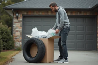 Homme inspectant un pneu livré dans un carton abîmé devant son garage, illustrant un problème de livraison de pneus en ligne