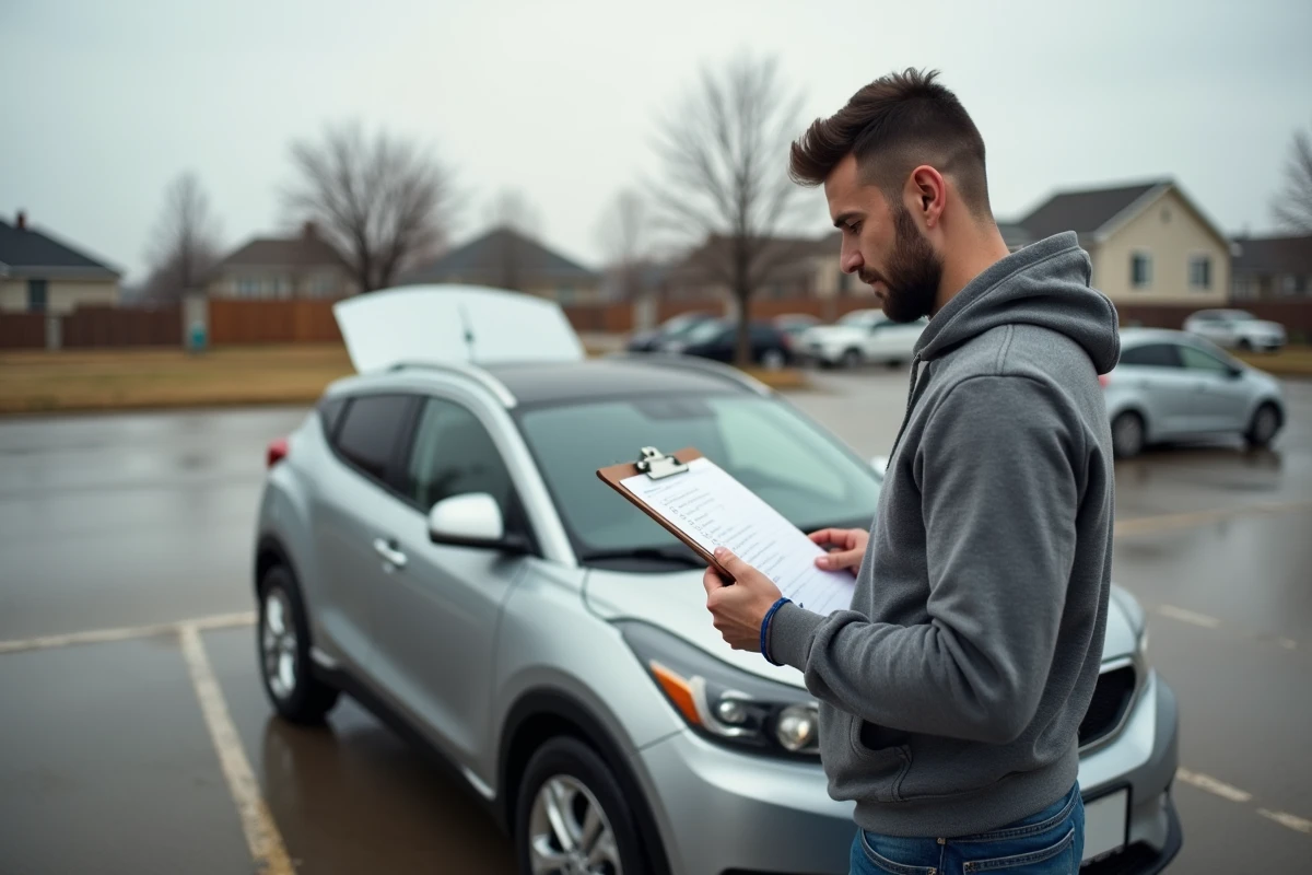 Propriétaire vérifiant la liste d'entretien de sa voiture diesel compacte pour prévenir les pannes du moteur 1.5 BlueHDi 130