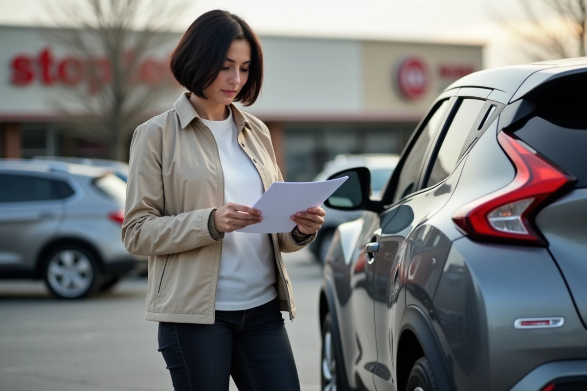 Femme examinant le rapport de contrôle d'une Nissan Juke grise dans un parking de banlieue