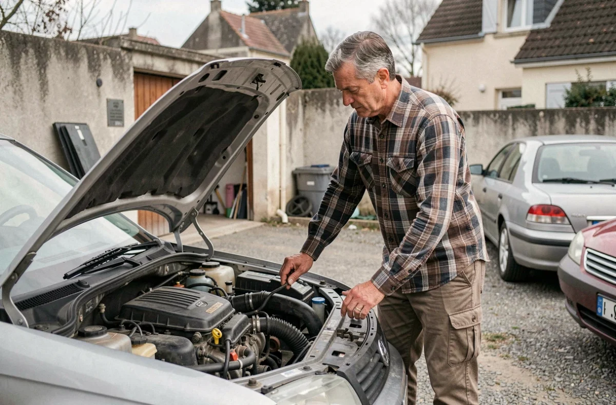 Raul Baptista Da Silva inspectant le moteur d'une voiture d'occasion dans un garage particulier
