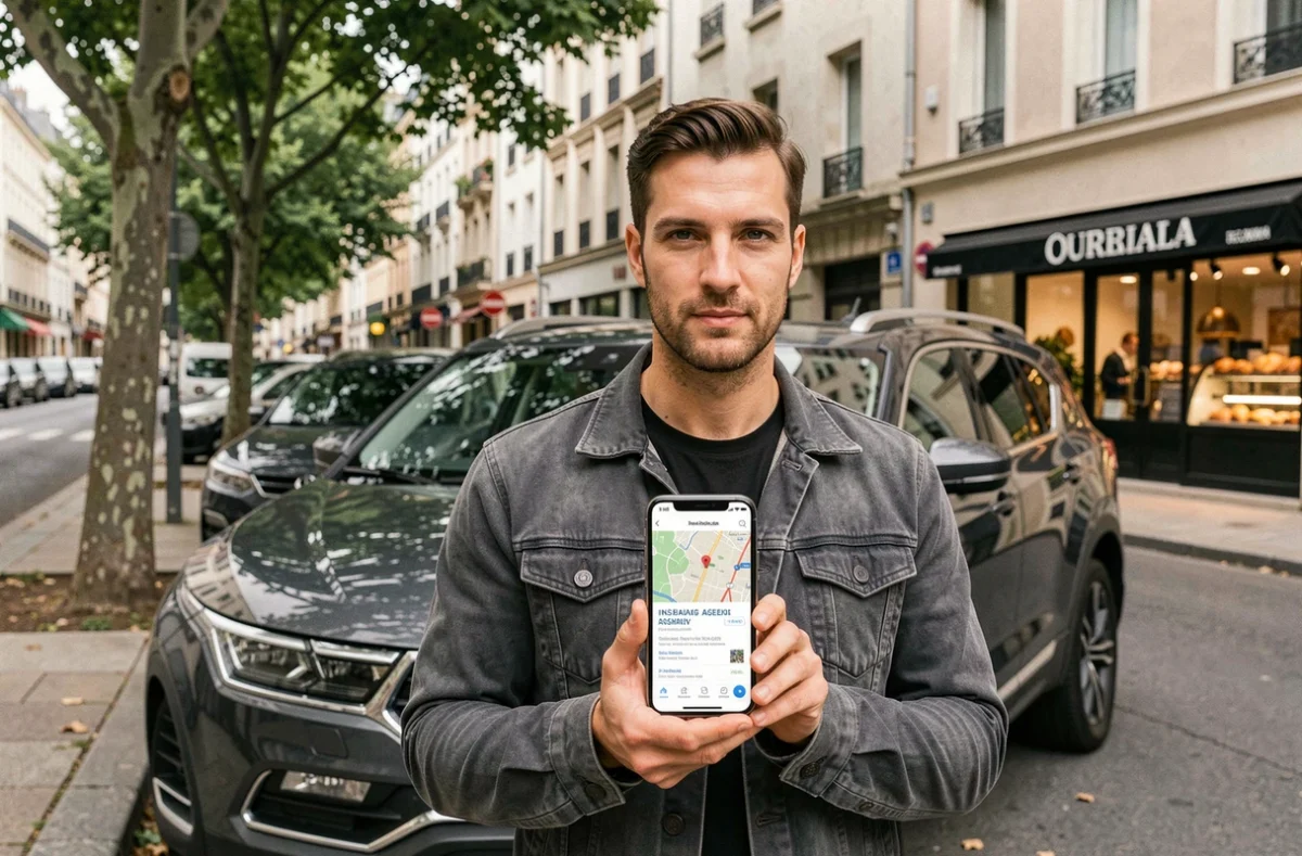 Homme cherchant une assurance auto à proximité sur son smartphone dans une rue résidentielle française