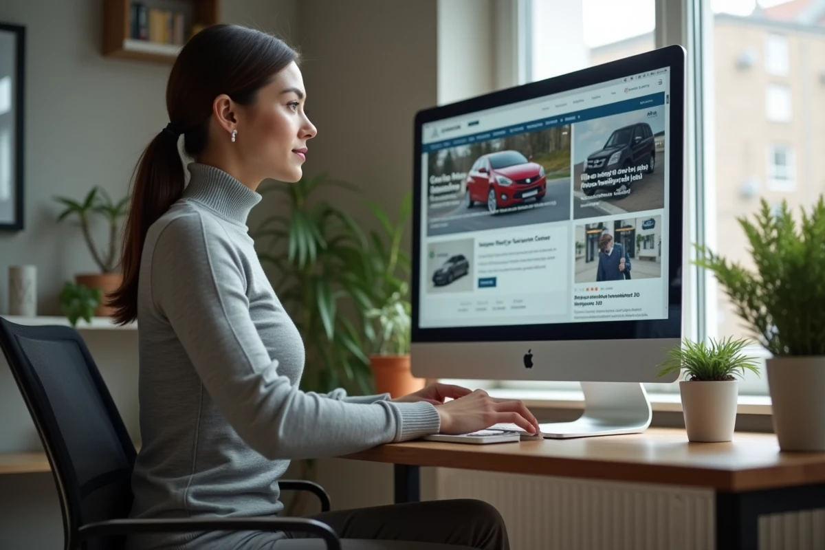 Femme recherchant une voiture occasion en ligne sur un site spécialisé depuis son bureau à domicile en 2026