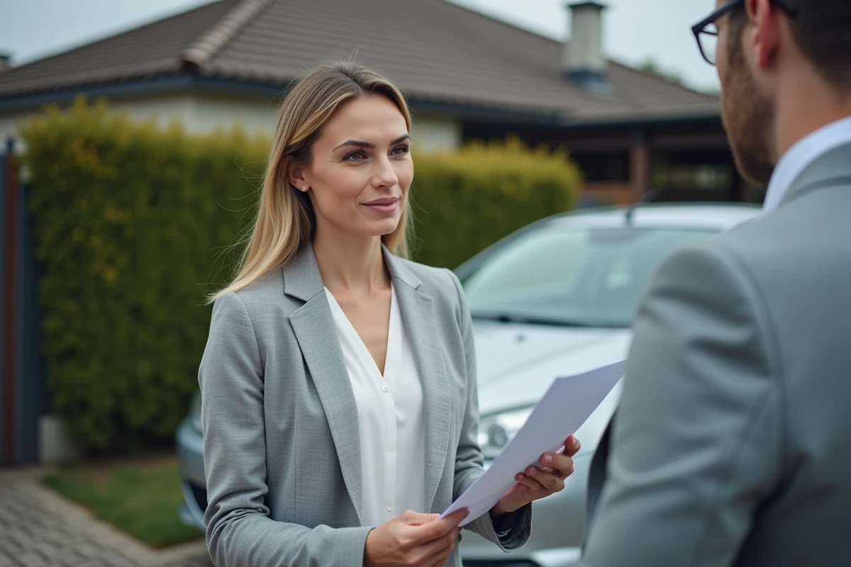 Femme remettant une carte grise barrée à un acheteur lors de la vente d'une voiture d'occasion dans une allée résidentielle