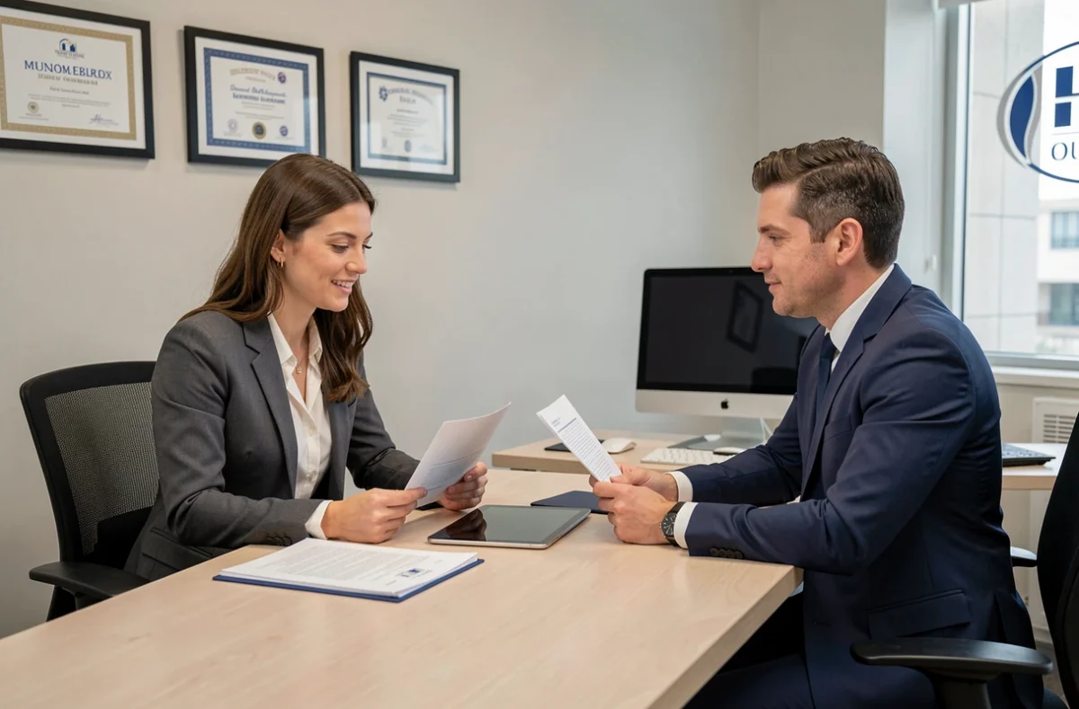 Cliente en rendez-vous avec un conseiller en assurance pour obtenir un devis d'assurance automobile