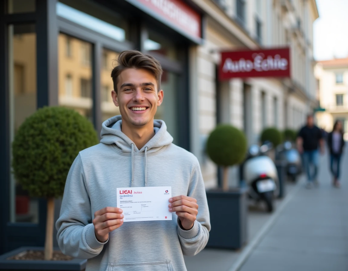 Jeune adulte souriant tenant fièrement son permis de conduire devant la façade d'une auto-école française après avoir réussi son examen