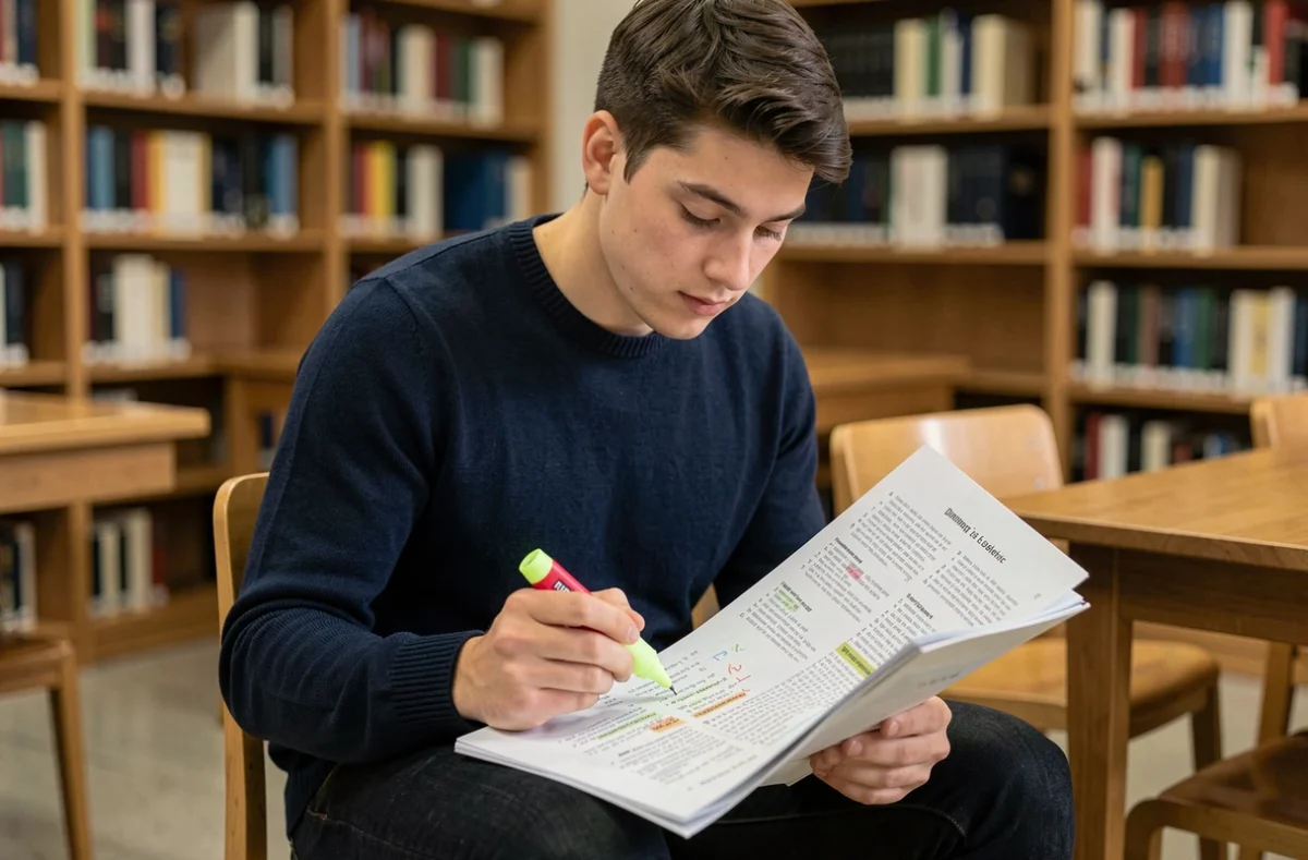 Étudiant qui révise les questions du code de la route sur un document PDF imprimé dans une bibliothèque