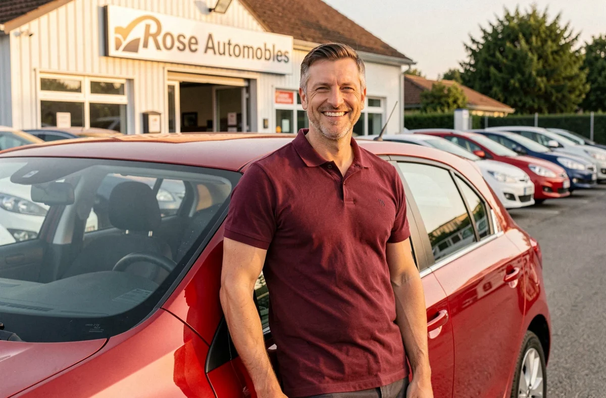 Vendeur de Rose Automobiles souriant appuyé contre une voiture d'occasion rouge