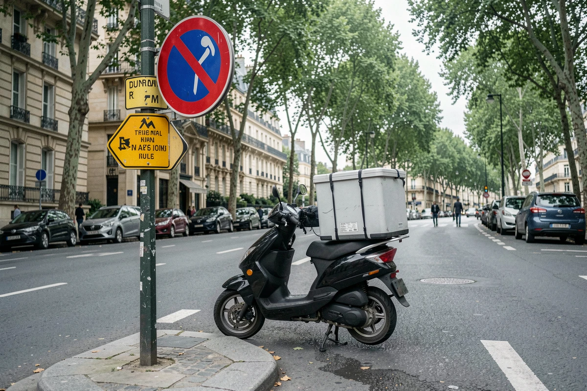 Scooter de livraison stationné près d'un panneau de réglementation de stationnement dans un boulevard parisien le dimanche