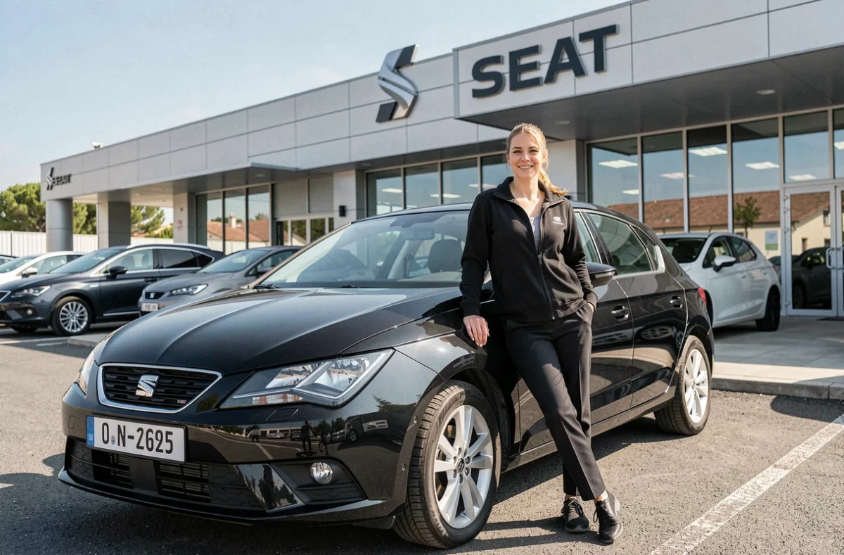 Conseillère commerciale de Seat Avignon appuyée sur une voiture d'occasion SEAT devant la concession