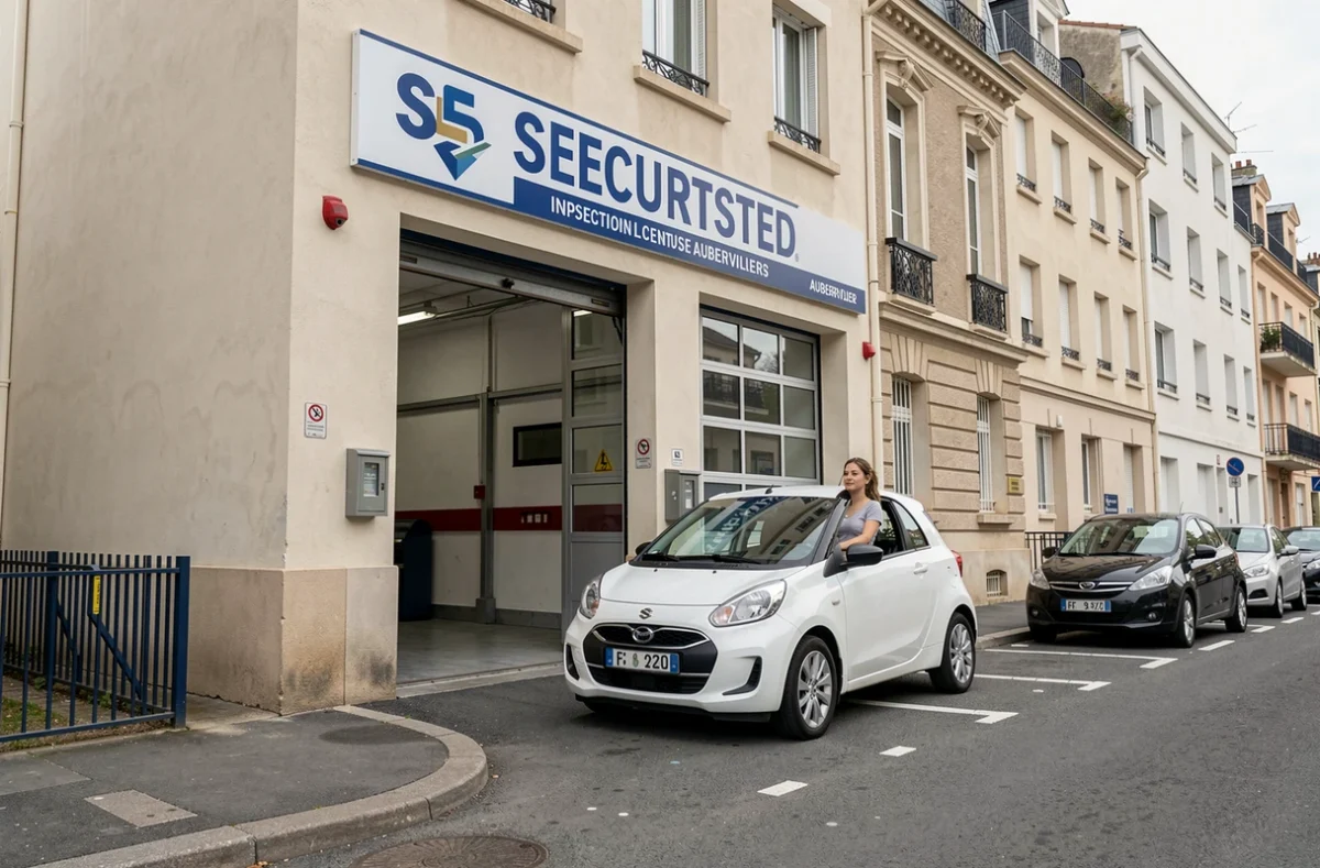 Entrée du centre Securitest Aubervilliers avec une cliente amenant son véhicule pour un contrôle