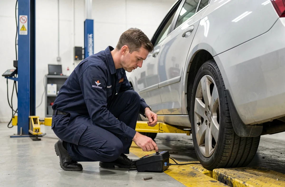 Technicien Securitest en uniforme inspectant un véhicule dans le centre de contrôle technique de Saint-Denis