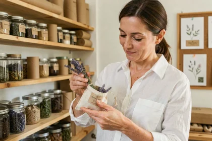 Femme artisane apposant une étiquette personnalisée sur un sachet sent bon en tissu dans un atelier de création éco-responsable