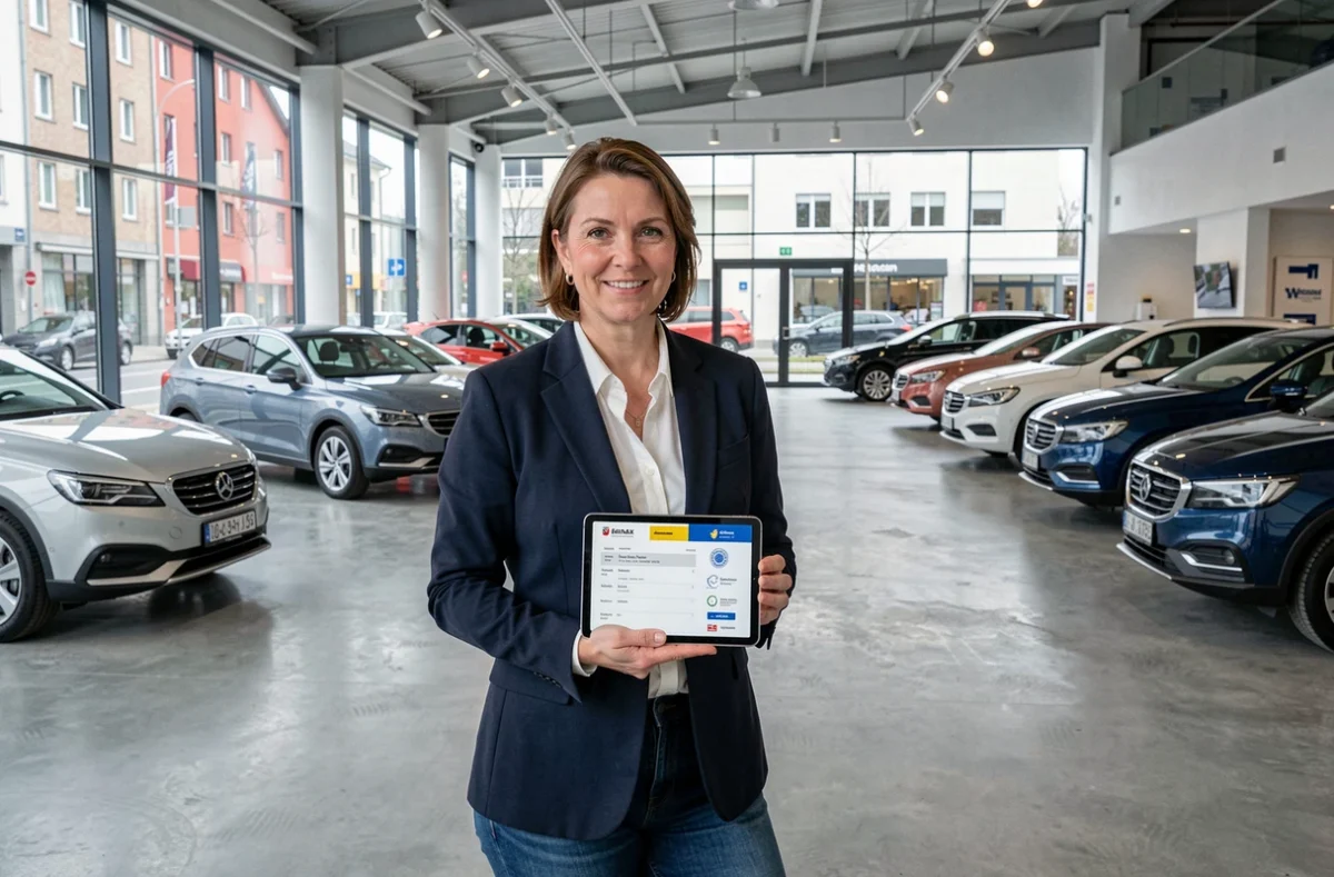 Femme dans un showroom automobile allemand consultant un rapport de vérification de véhicule sur tablette