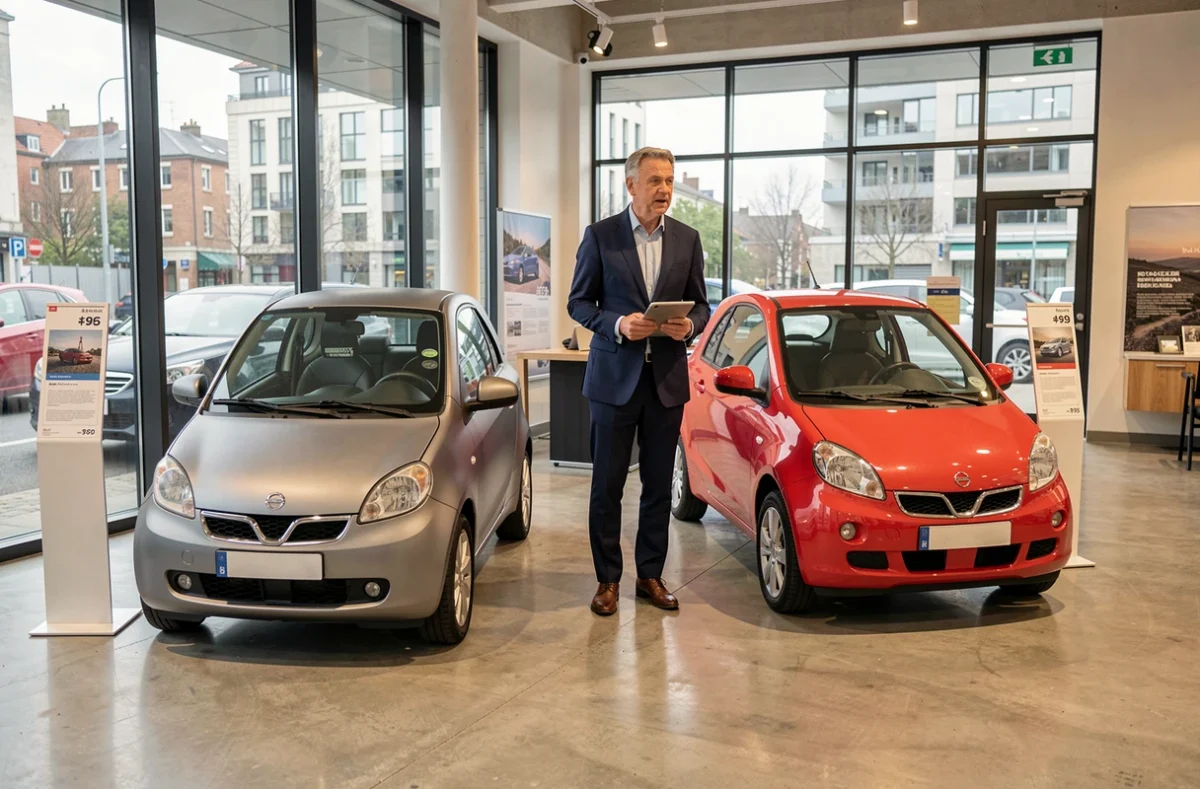 Showroom automobile avec deux modèles de voitures sans permis exposés et un vendeur
