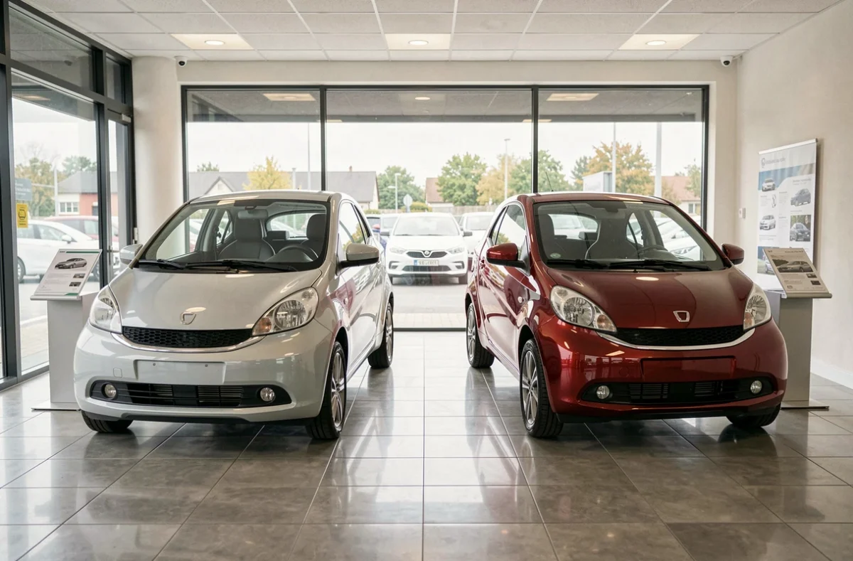 Deux voitures sans permis exposées dans un showroom de concessionnaire à Challans