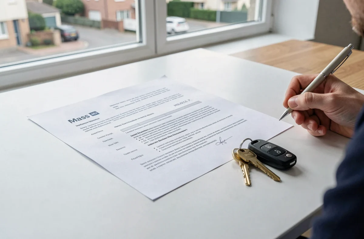 Signature d'un contrat d'assurance auto avec des clés de voiture posées sur la table