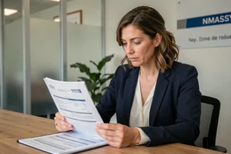 Femme consultant des documents d'assurance auto dans une agence à Massy