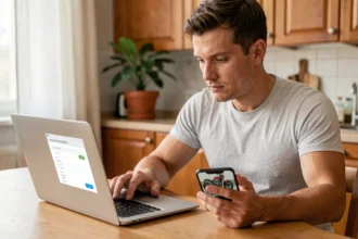 Homme souscrivant une assurance moto en ligne sur son ordinateur portable depuis sa cuisine