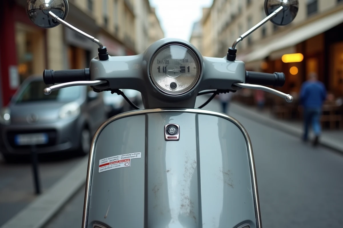 Gros plan sur le sticker de contrôle technique apposé sur le pare-brise d'un scooter en ville