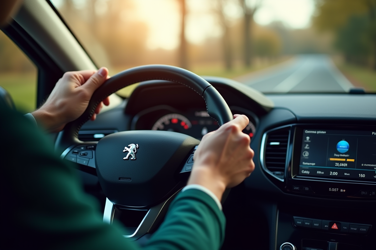 Main du conducteur ajustant le tableau de bord numérique Peugeot