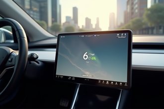 Vue du tableau de bord Tesla avec ville en reflet naturel