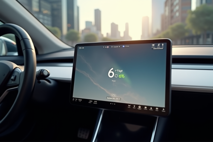 Vue du tableau de bord Tesla avec ville en reflet naturel