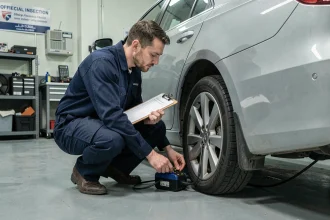 Technicien automobile effectuant un contrôle technique sur une berline dans un garage officiel agréé