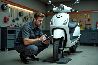 Technicien effectuant un contrôle technique sur un scooter blanc dans un garage spécialisé