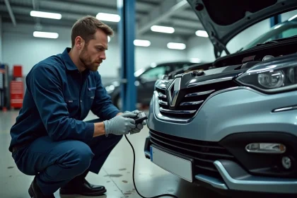 Technicien automobile connectant un scanner OBD-II sur une Renault pour diagnostiquer le code erreur 1525F3 lié au système électrique