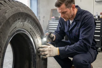 Technicien automobile inspectant les marquages de charge sur un pneu renforcé dans un garage professionnel