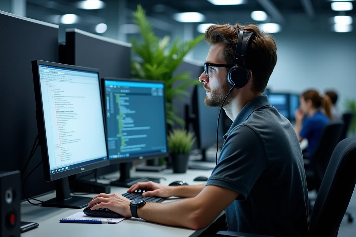 Technicien informatique analysant des journaux d'erreurs et des tickets de support pour résoudre des lenteurs d'un logiciel automobile en entreprise