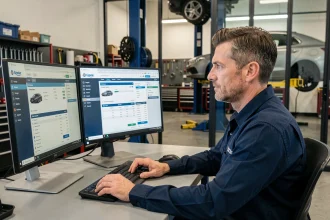 Technicien automobile utilisant un logiciel de gestion de garage sur un poste de travail professionnel