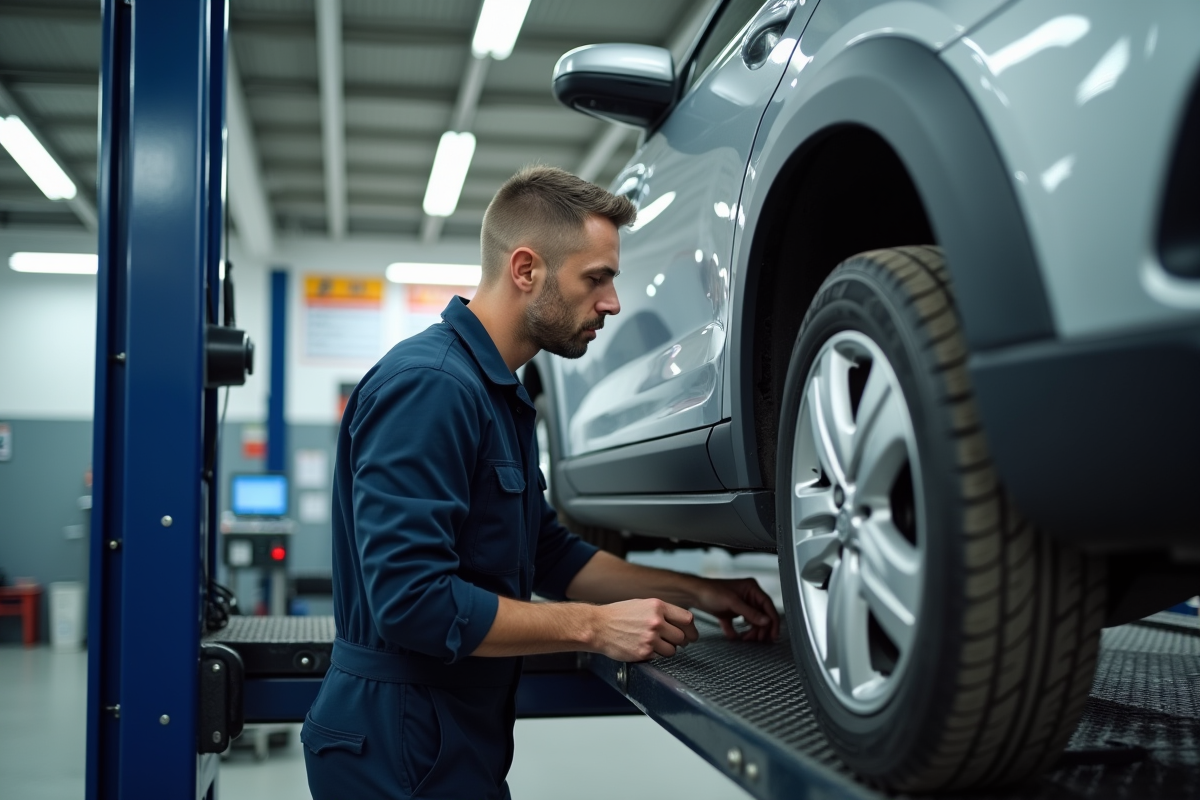 Technicien en overalls vérifiant une voiture en atelier