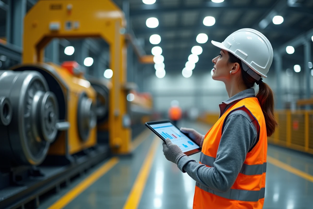 Technicienne industrielle supervisant un système de transmission PT Drive intégré dans une chaîne de production automatisée