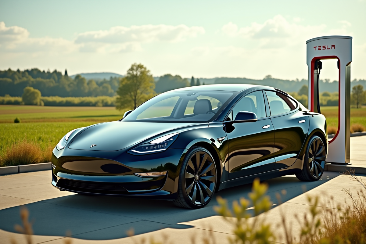 Tesla en charge dans un paysage verdoyant ensoleille