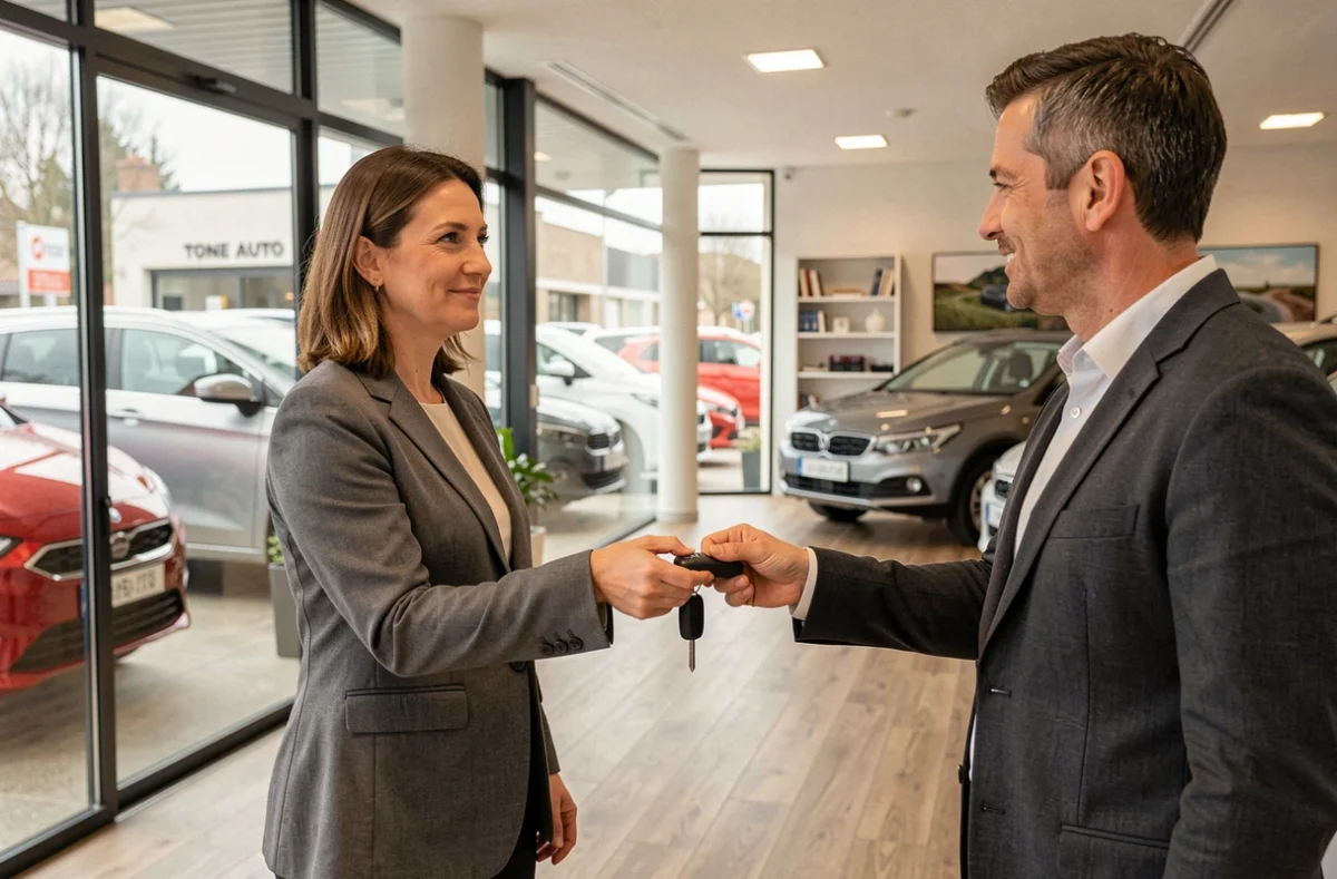Remise de clés de voiture d'occasion entre une vendeuse de Tone Auto et un client satisfait