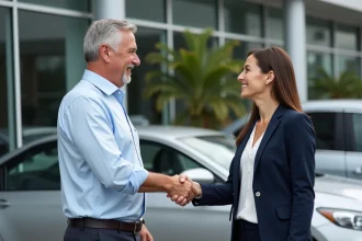 Vendeur et acheteur se serrant la main lors d'une transaction automobile devant un concessionnaire