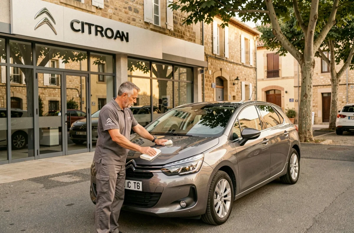 Technicien de Trébon-Auto Citroën préparant une voiture d'occasion devant le garage en Provence