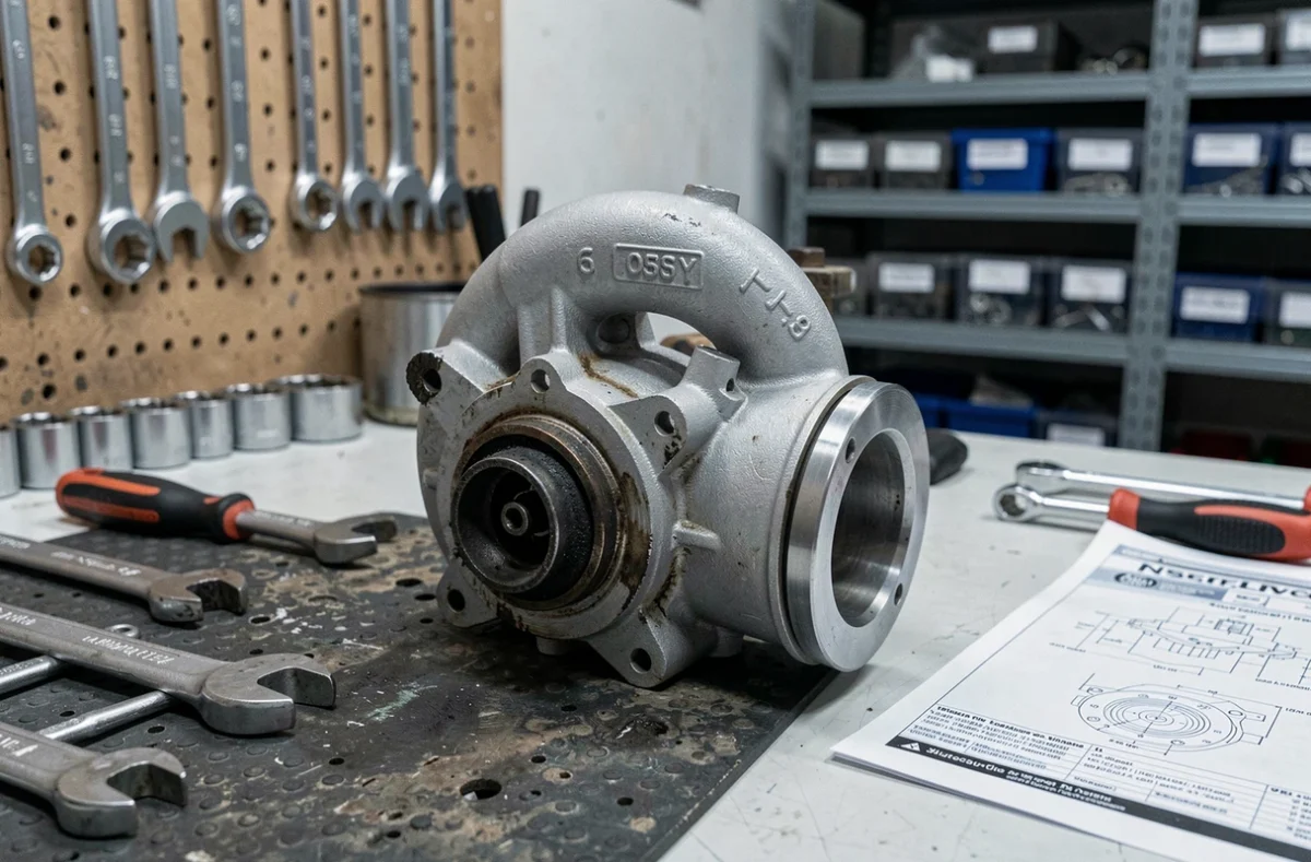 Turbocompresseur et vanne EGR du moteur 1.6 BlueHDi posés sur un établi de garage pour inspection technique