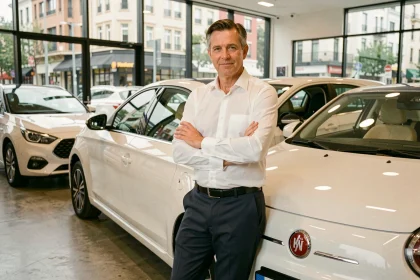 Vendeur automobile appuyé contre la voiture la plus vendue en France en 2026 dans un showroom moderne