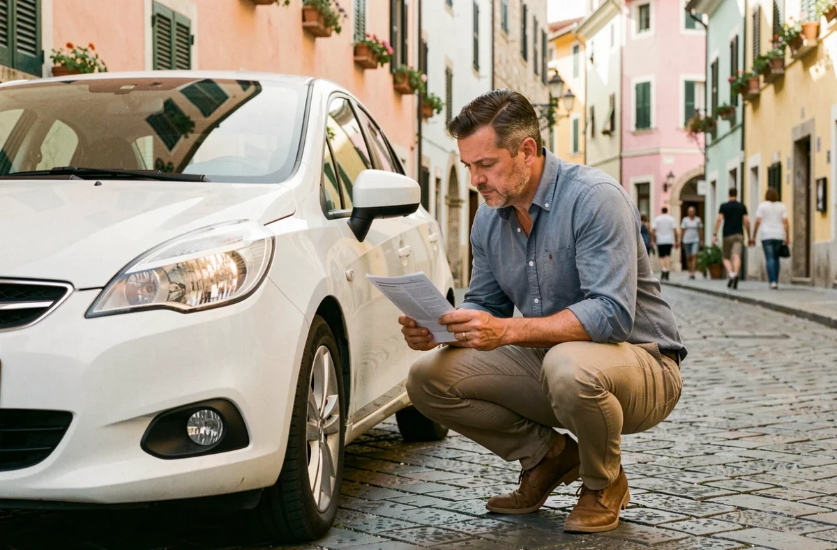 Homme vérifiant les documents d'assurance d'une voiture de location dans une rue pavée en Europe