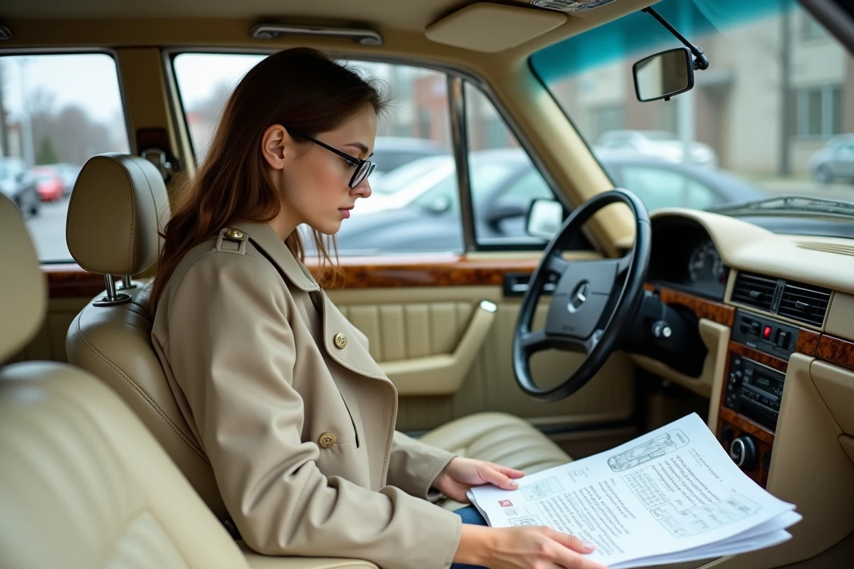 Acheteuse analysant les documents historiques d'une Mercedes V12 à l'intérieur du véhicule avant négociation